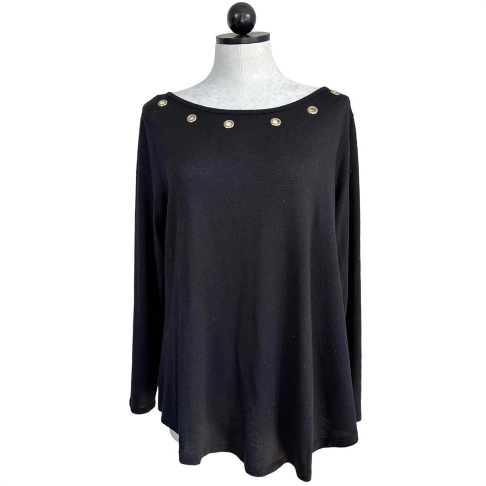 Belldini Black Knit Blouse Gold Rivets Neckline & Exposed Back Zipper Size 1X